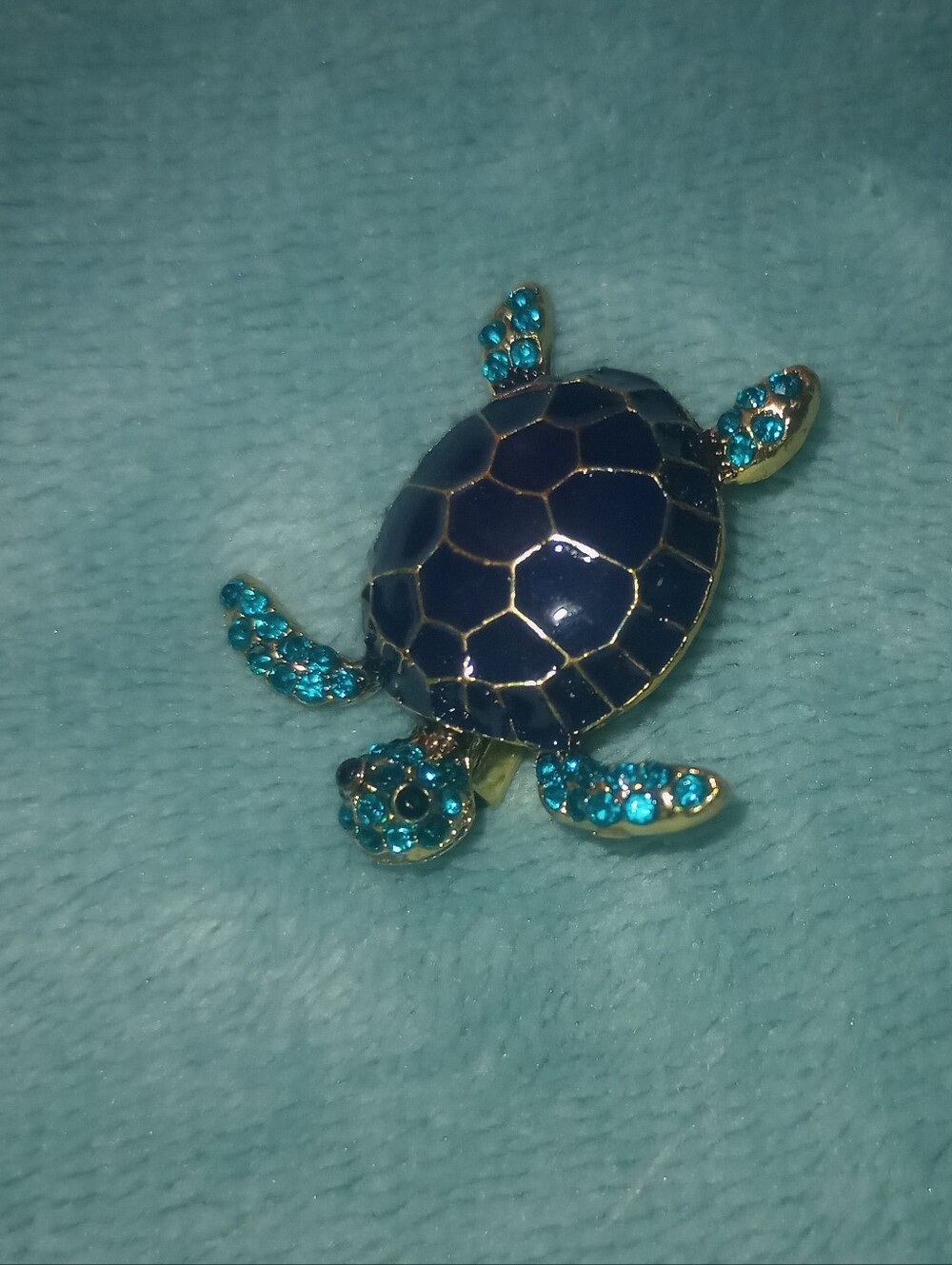 Blue Turtle Brooch with Teal Rhinestones